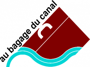 Logo de "Au bagage du canal", avec une valise bordeaux et des vagues turquoise.